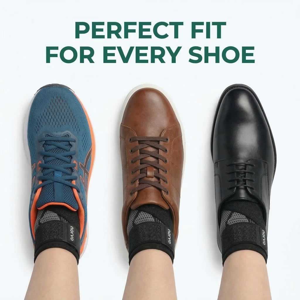 Three pairs of shoes on feet with text 'Perfect Fit for Every Shoe' on a white background