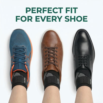 Three pairs of shoes on feet with text 'Perfect Fit for Every Shoe' on a white background