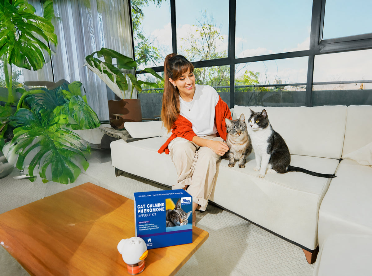 Woman relaxing at home with cats and a Norvo diffuser